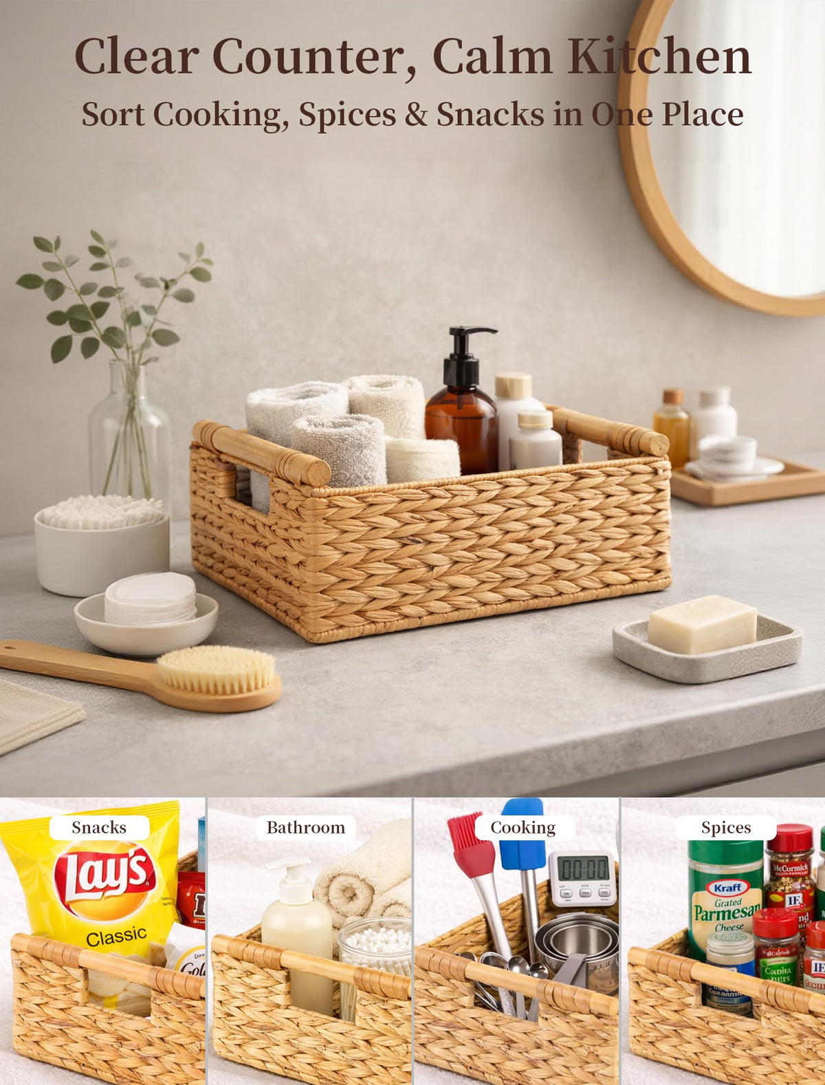 Panovox water hyacinth basket on shelf demonstrates neat storage