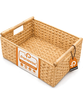 Panovox water hyacinth basket with outer dimensions shown for pantry organization