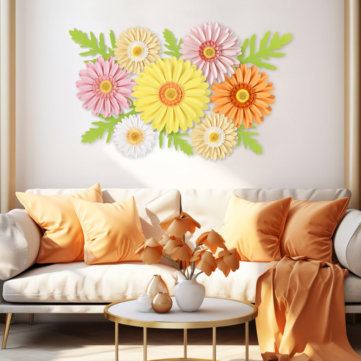 Paper Jazz Daisy Giant wall decor large 10-inch petals make a bold statement above a bed.