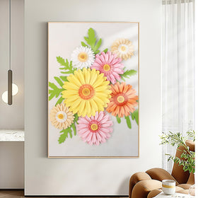 Paper Jazz Daisy Giant wall decor pink yellow colors evoke spring warmth.