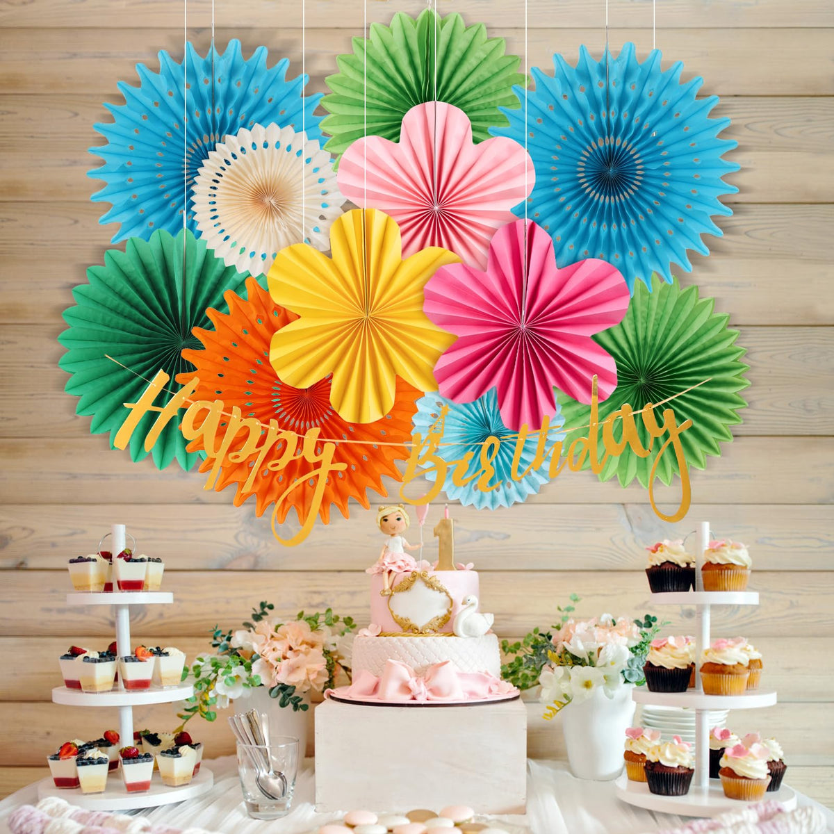 PAPER JAZZ Flowers 25cm light green flip fan for bold party accents.