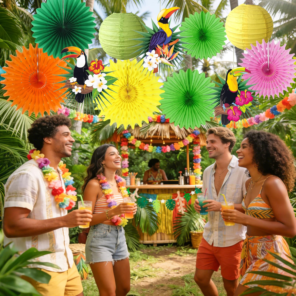 PAPER JAZZ tropical leaf garland decorating walls and ceilings