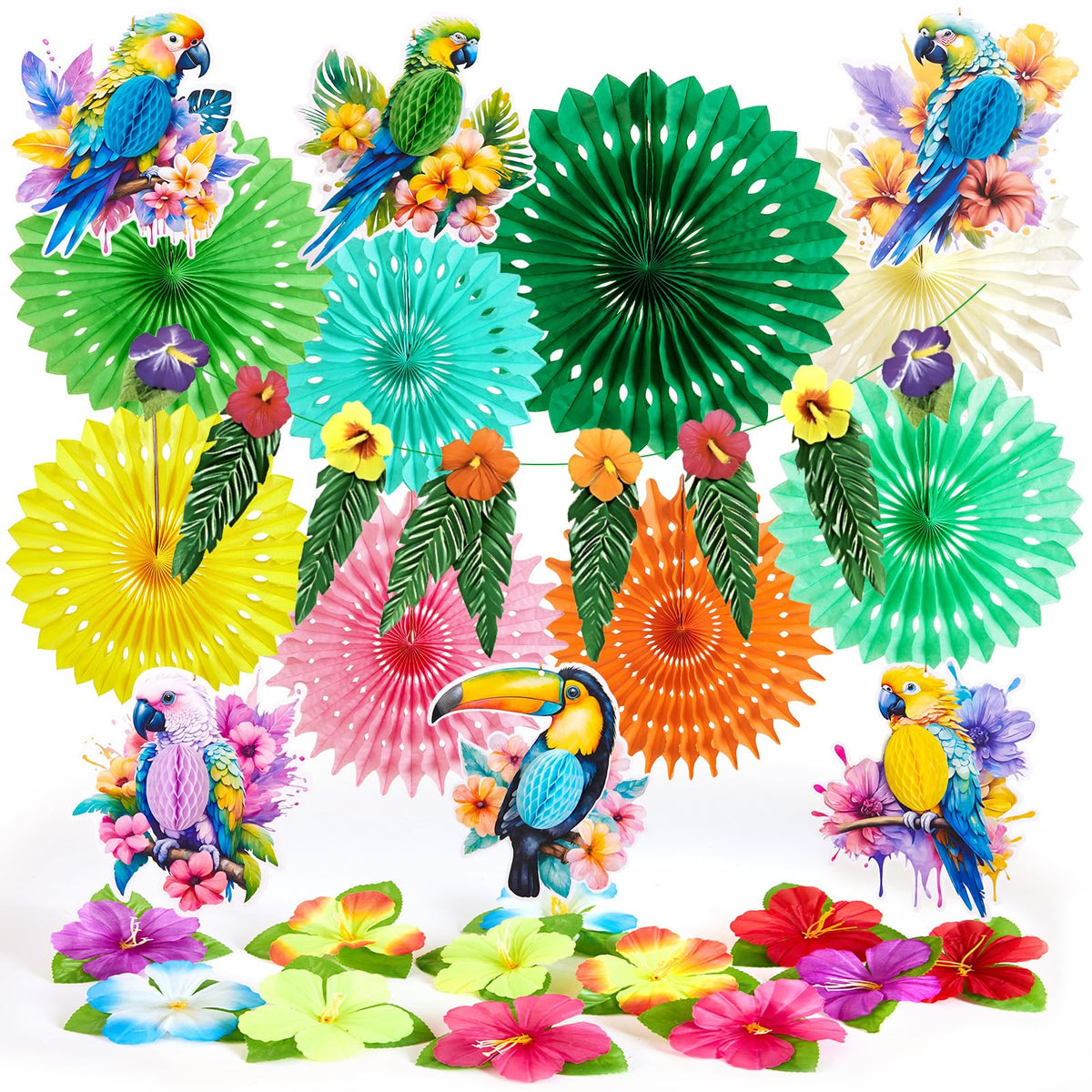 PAPER JAZZ tropical toucan ornaments hang from the ceiling for bright tropical vibes.