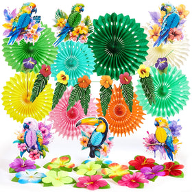 PAPER JAZZ tropical toucan ornaments hang from the ceiling for bright tropical vibes.