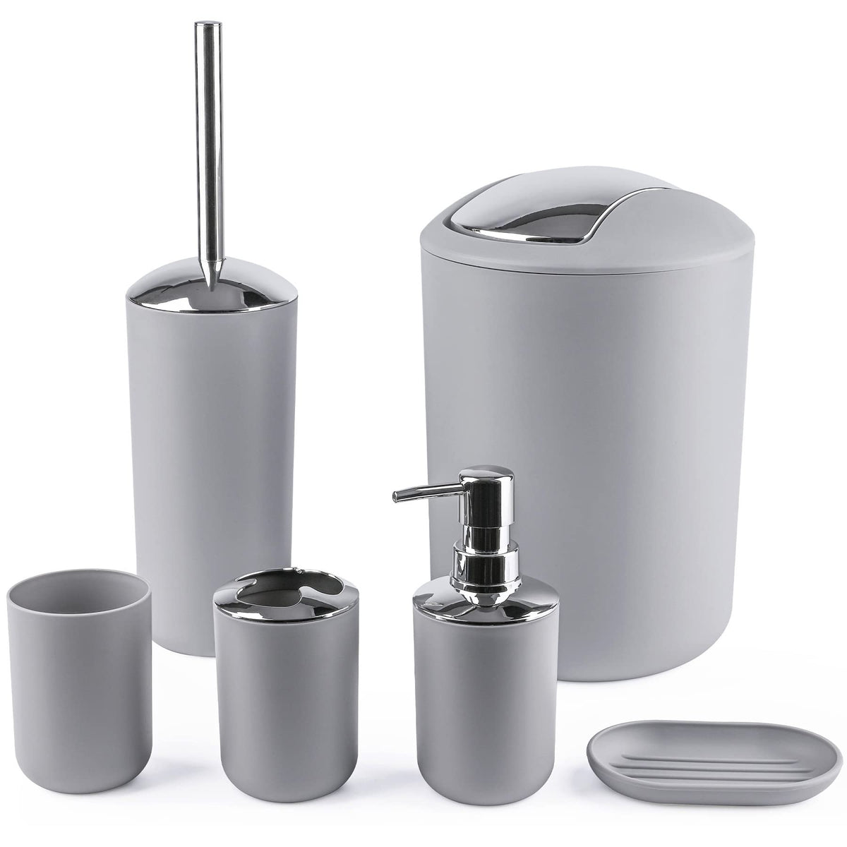 Papillon 6-piece gray bathroom set displayed on a counter for organized essentials.