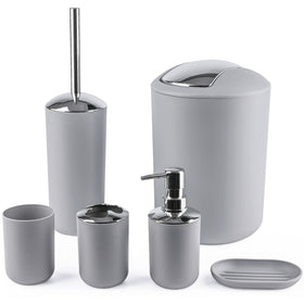 Papillon 6-piece gray bathroom set displayed on a counter for organized essentials.
