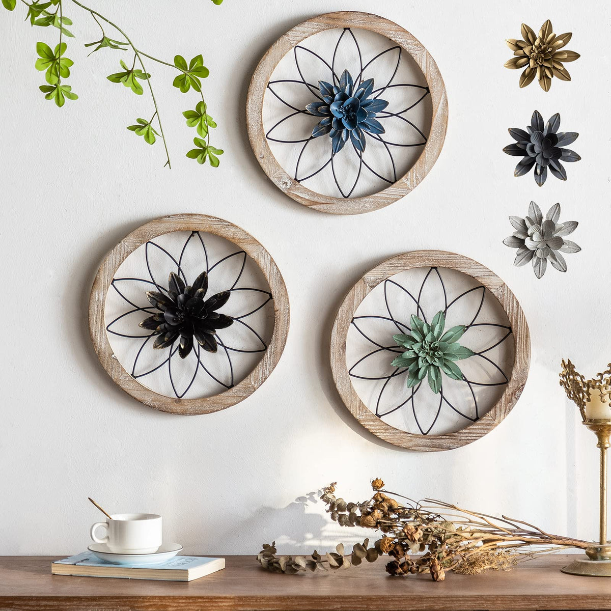 Paquesta round farmhouse wall decor 3-piece overview showcases rustic charm for living spaces.