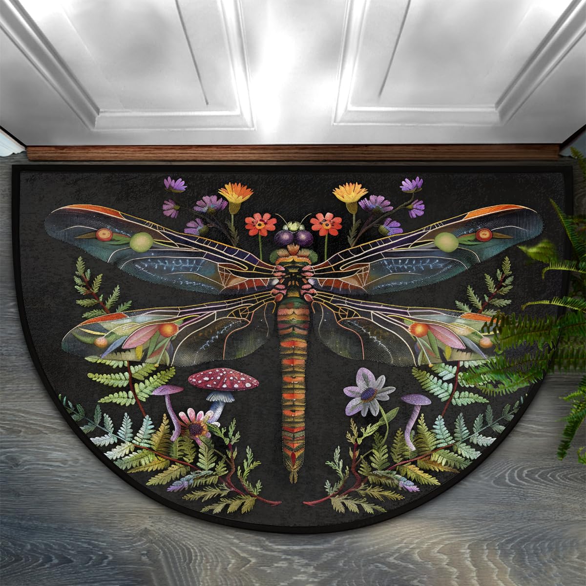 Pardick half-round doormat with dragonfly boho motif, welcoming entry and moisture absorption.