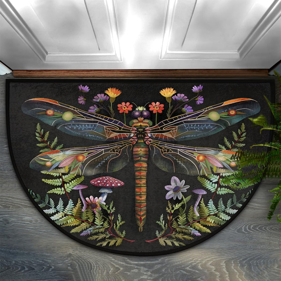 Pardick half-round doormat with dragonfly boho motif, welcoming entry and moisture absorption.
