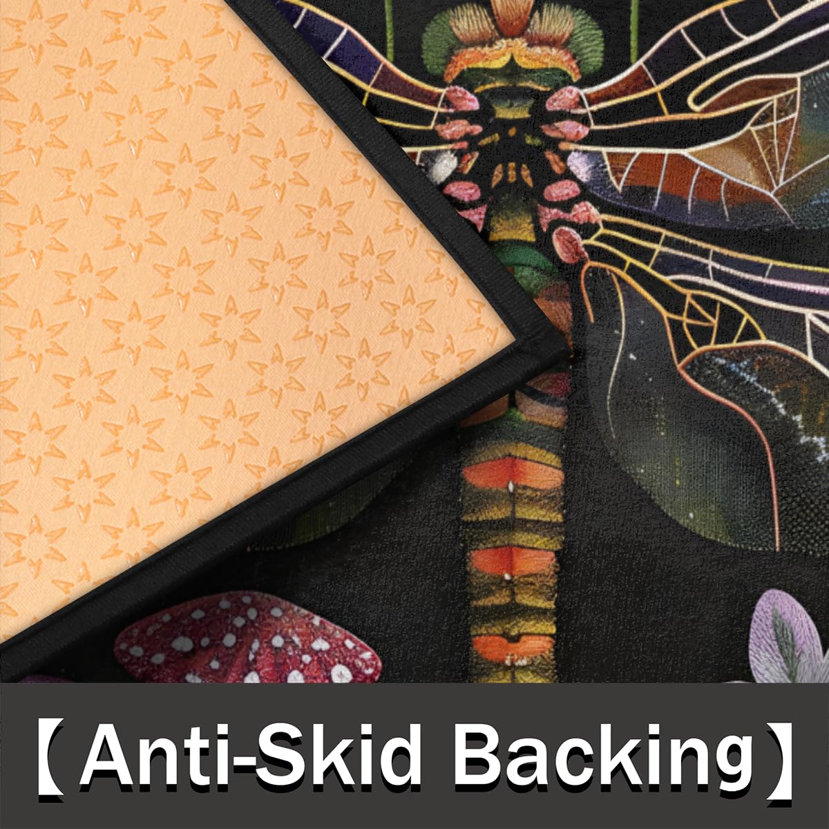 Pardick half-round mat shows dragonfly art, soft microfiber feel underfoot.