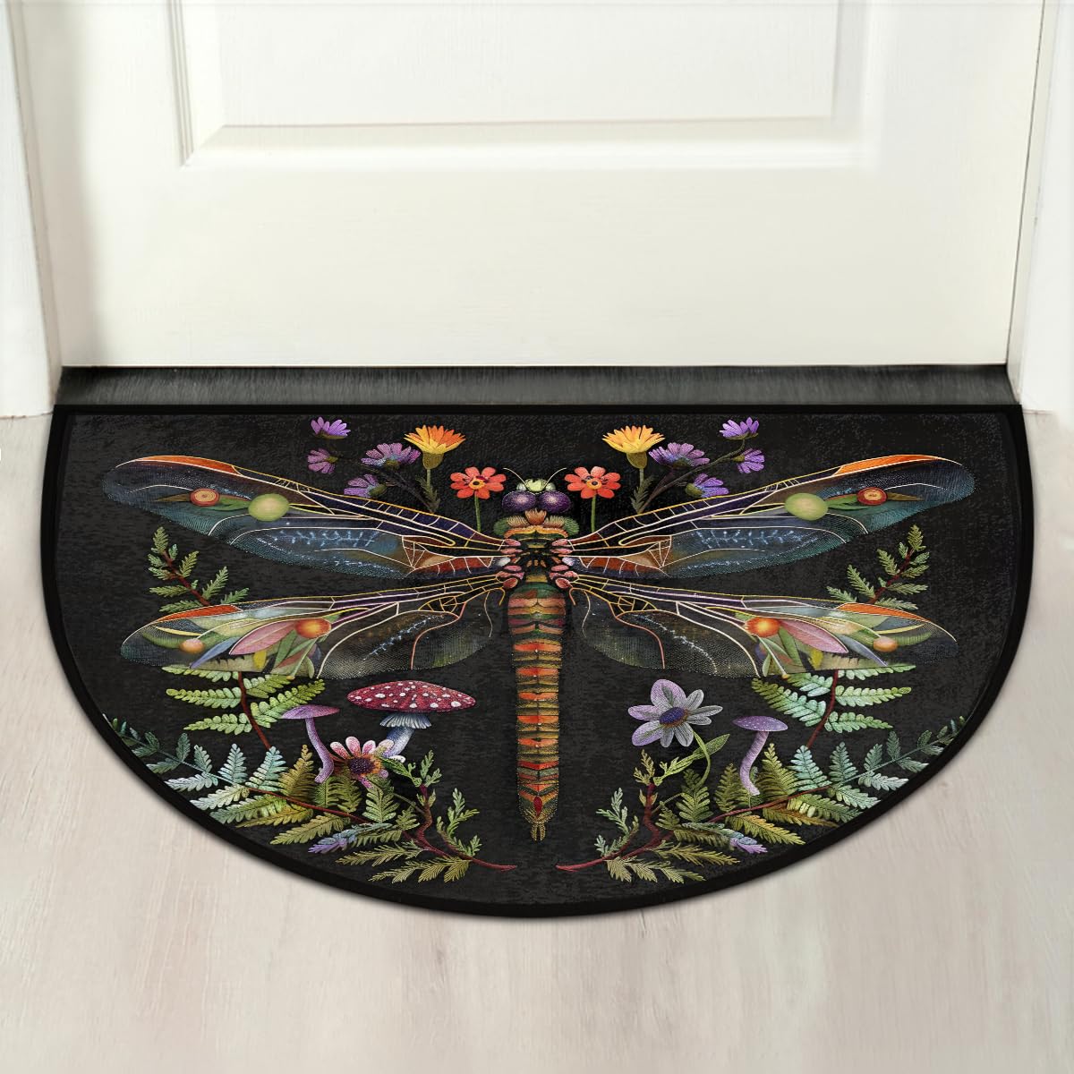 Pardick dragonfly decor mat adds color to living rooms and foyers.