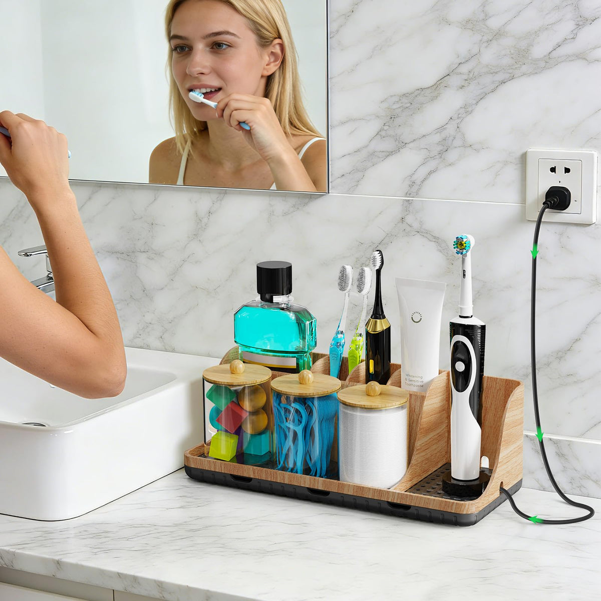 Parkmani toothbrush holder with 3-pack stores brushes and small accessories.