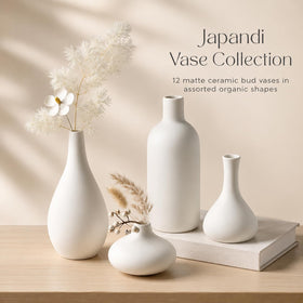 Parlamain white vases with varied shapes adding rustic Japandi flair.