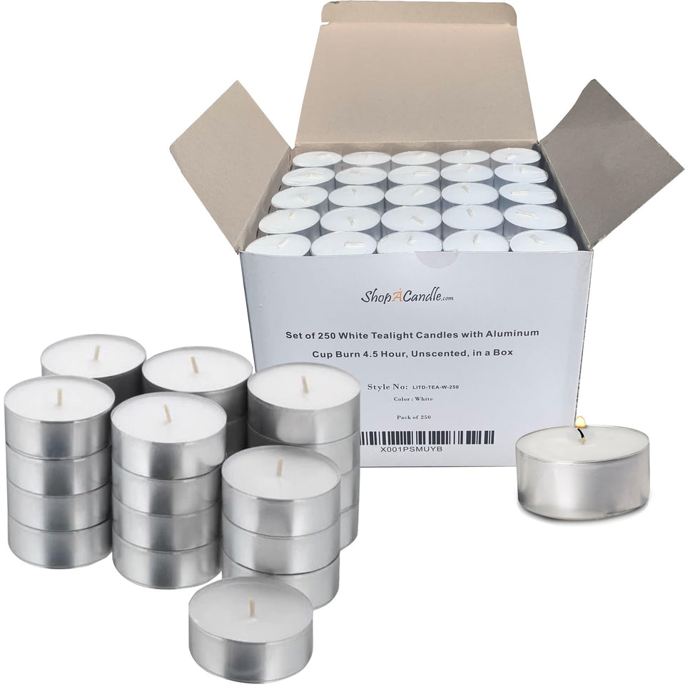 PARNOO tea light candles in metal cups, bulk 250, stable for centerpieces.