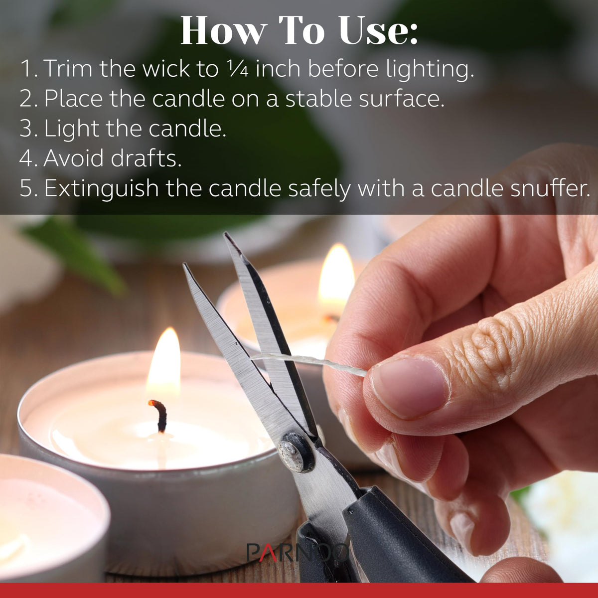 Tea light in metal cup placed in a holder for stable display.