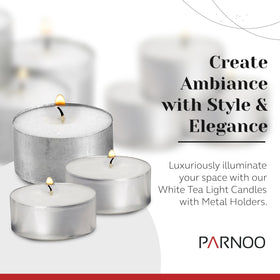 Parnoo tea light metal cups burn up to 4.5 hours with minimal soot.