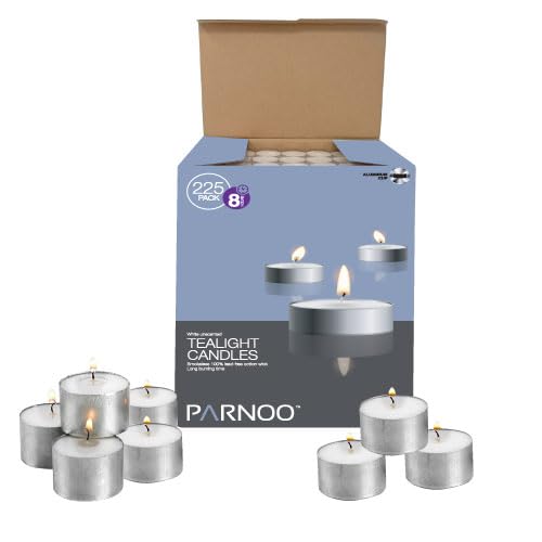 PARNOO white unscented tealight candles bulk, long-lasting glow for romantic dinners.