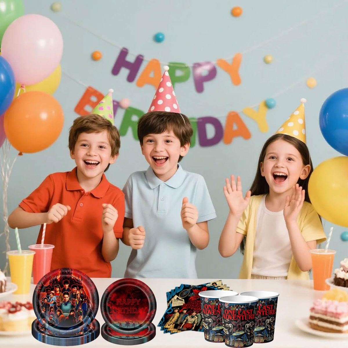 Party Buzz Stranger 5 TV soft napkins absorbent for quick cleanups.