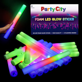 Party City 48-pack LED foam glow sticks provide bright multi-color illumination for celebrations