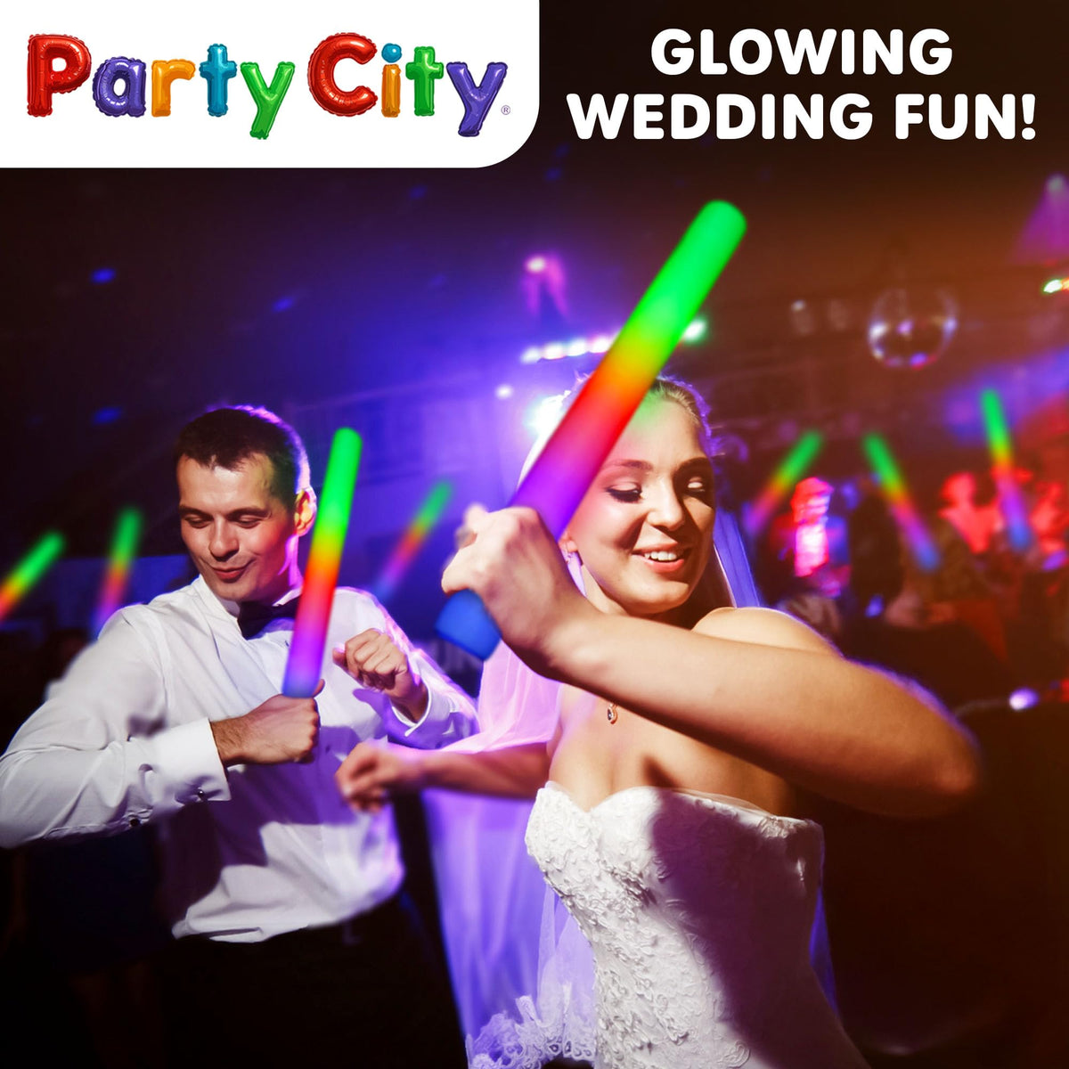 Party City glow sticks light up wedding reception dance floors