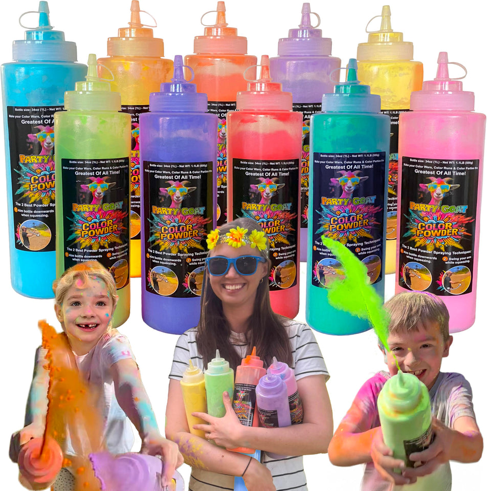 Party Goat 34oz squeeze bottle ready for color run fun.