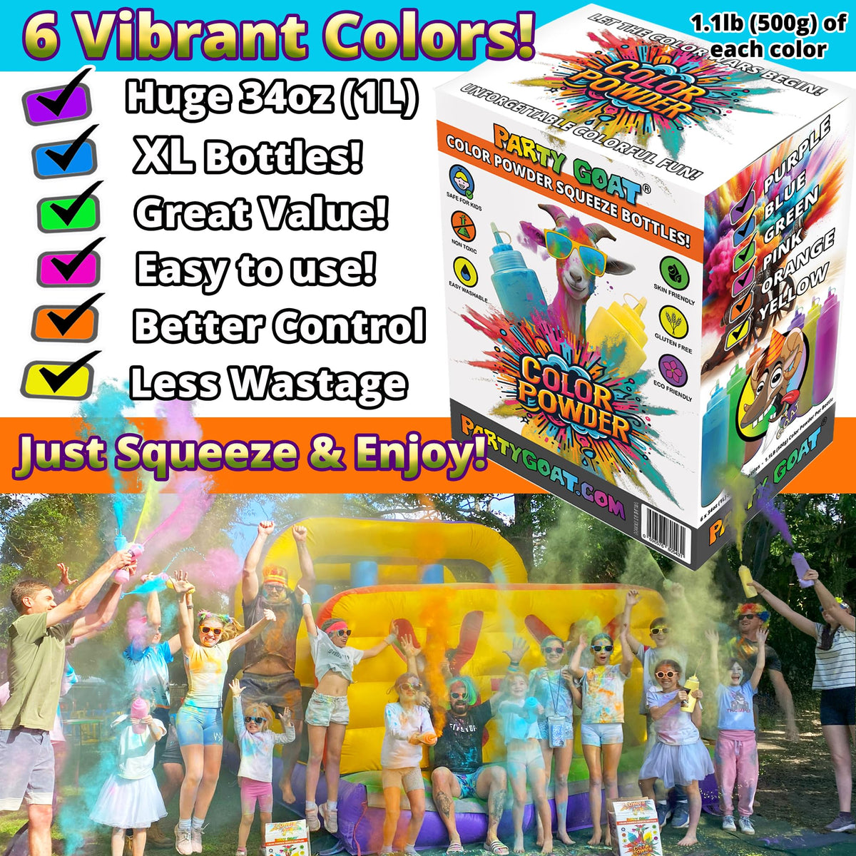 PARTY GOAT blue 34oz squeeze bottle for vivid color bursts during outdoor events.