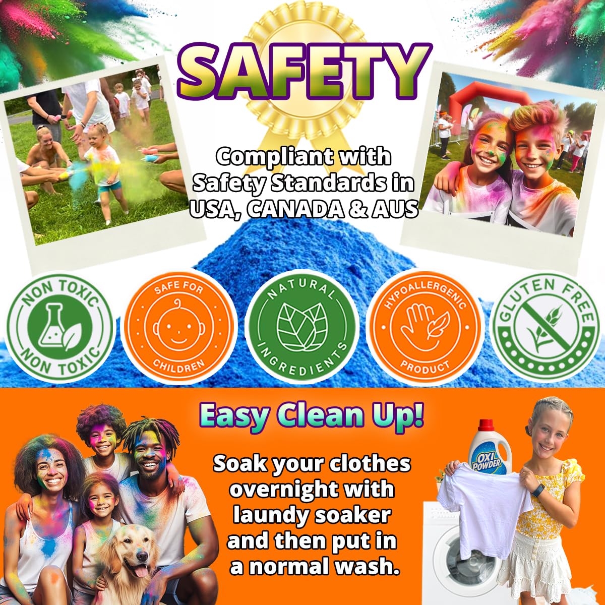 PARTY GOAT orange 34oz squeeze bottle for bold color sprays at Holi and games.