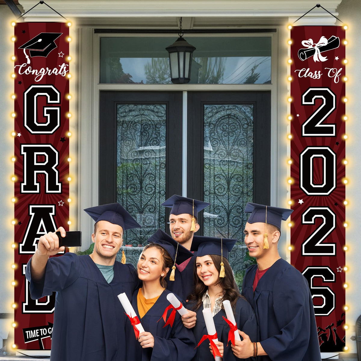 Party Greeting 2026 banners with battery boxes for cordless, easy setup.