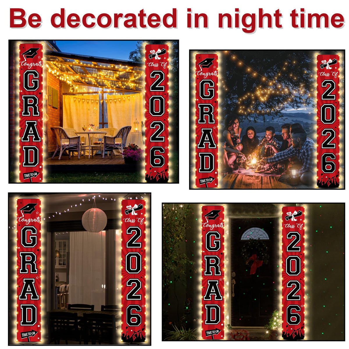 Party Greeting Battery-powered lights add subtle glow to celebration banners.