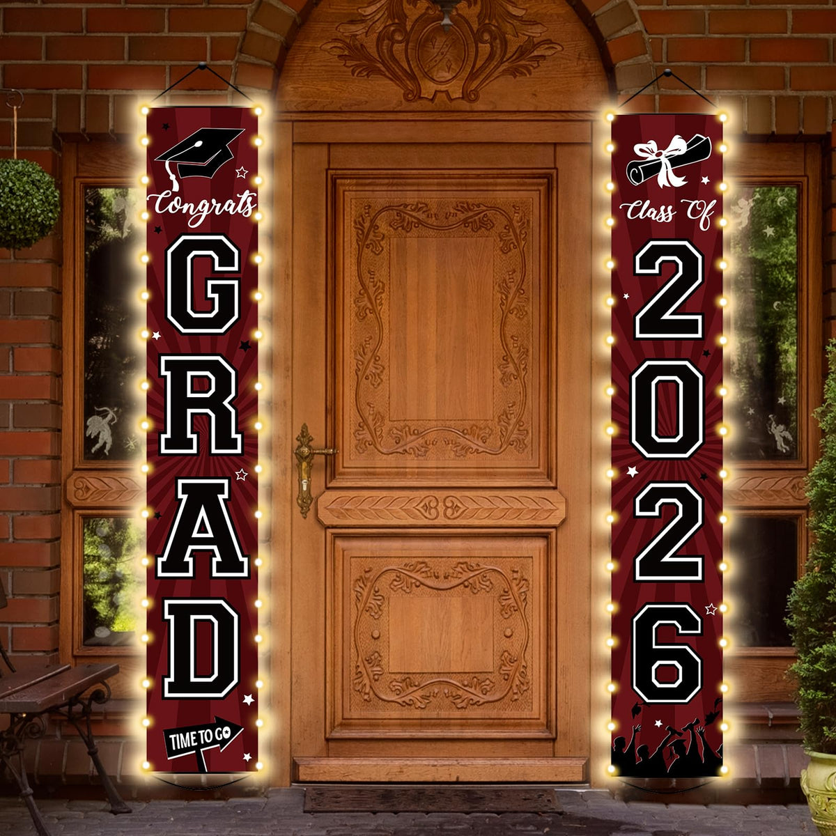 Party Greeting Class of 2026 banners with LED lighting brighten the front door for a festive welcome.