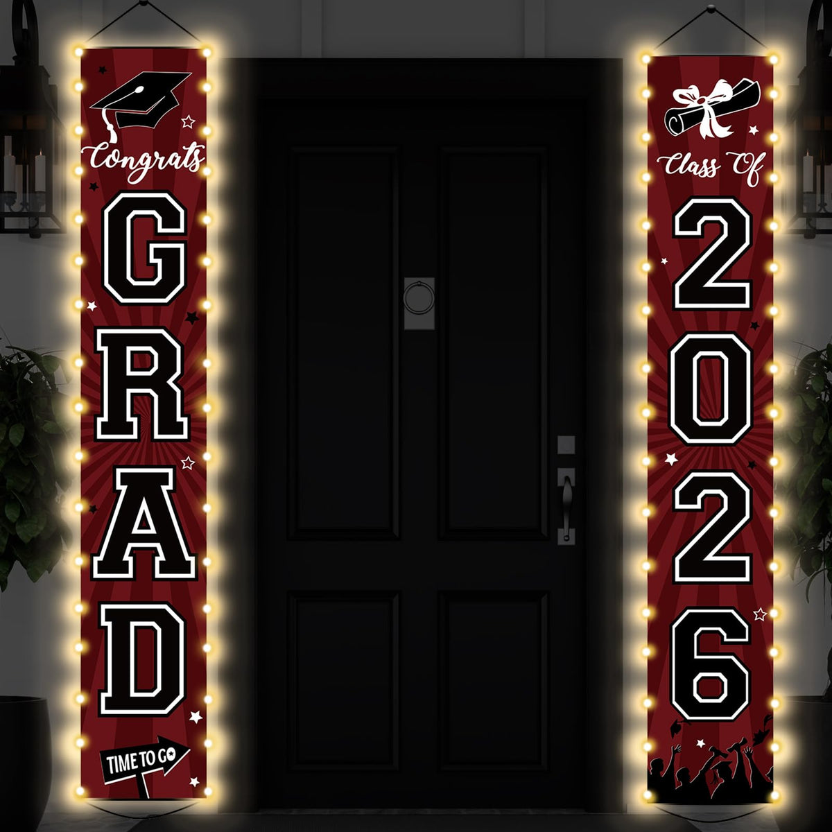 Party Greeting Door banner set on durable polyester for long-lasting graduation décor.