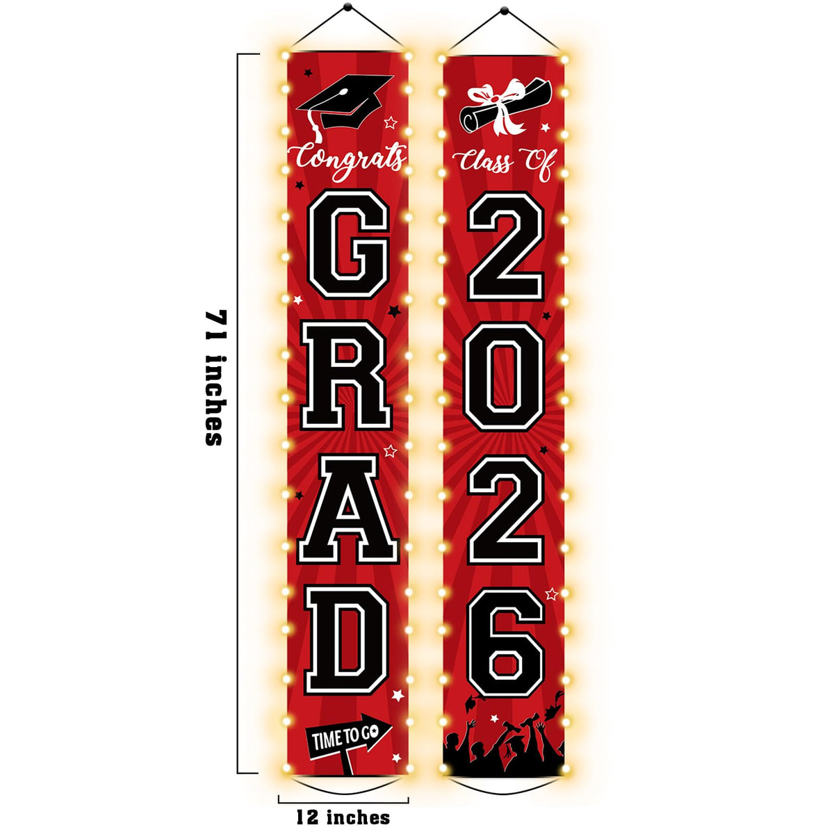 Party Greeting Graduation door banner LED red and black for indoor or outdoor decor.
