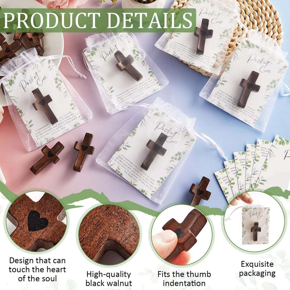 Party Greeting heart-engraved cross showcases symbolic faith in a small form