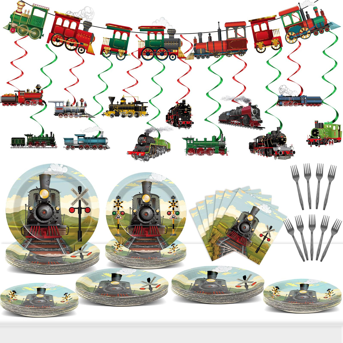 Party Greeting steam train dinner plates arranged for a festive table setting.