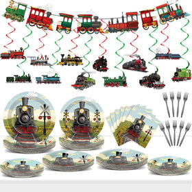 Party Greeting steam train dinner plates arranged for a festive table setting.