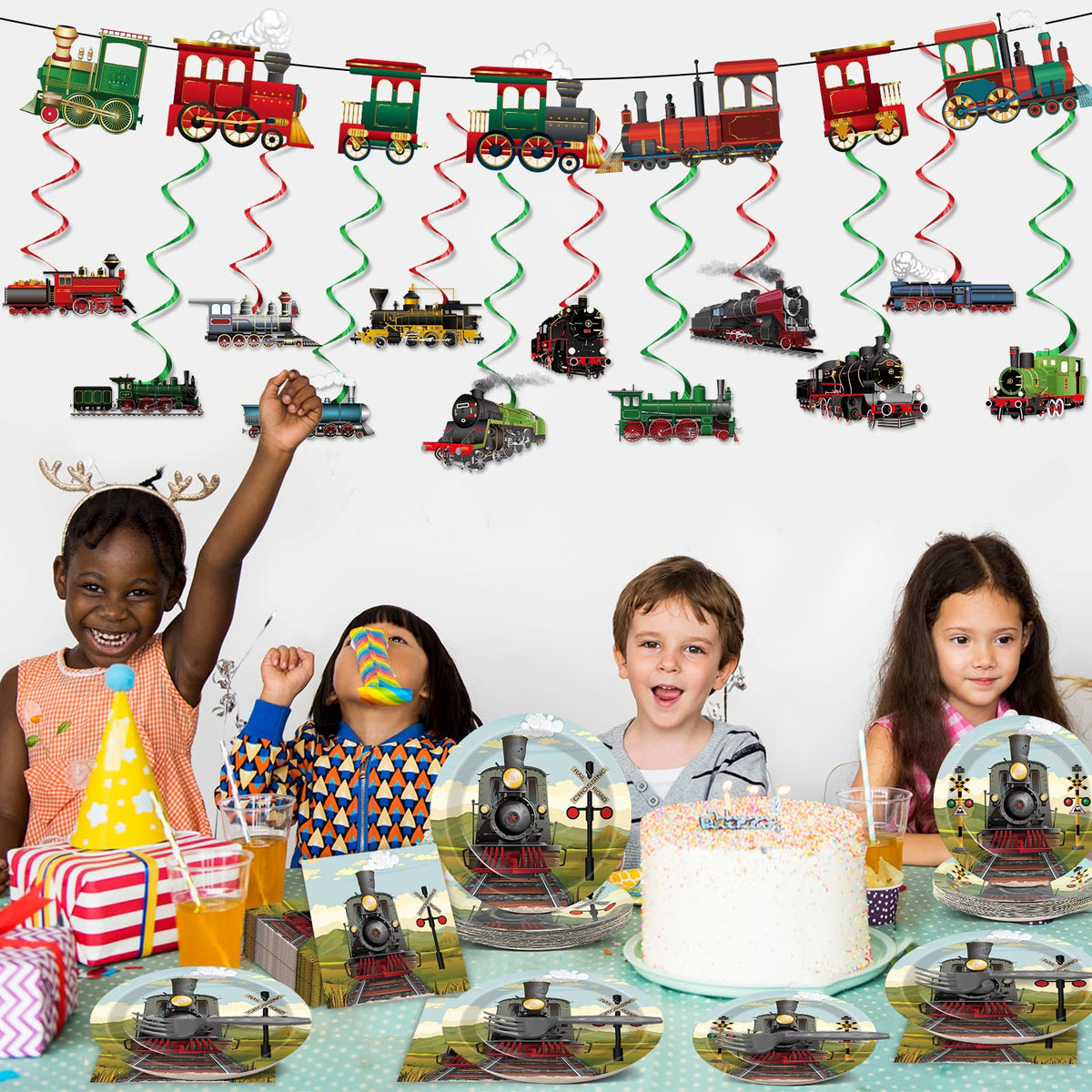 Party Greeting train banner enhances the focal point of the celebration.