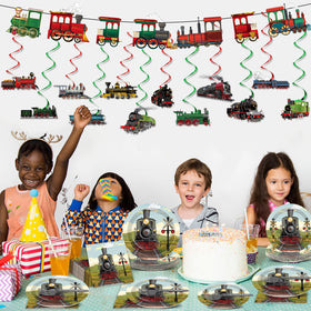 Party Greeting train banner enhances the focal point of the celebration.
