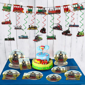 Party Greeting train hanging swirls add dynamic movement to the room.