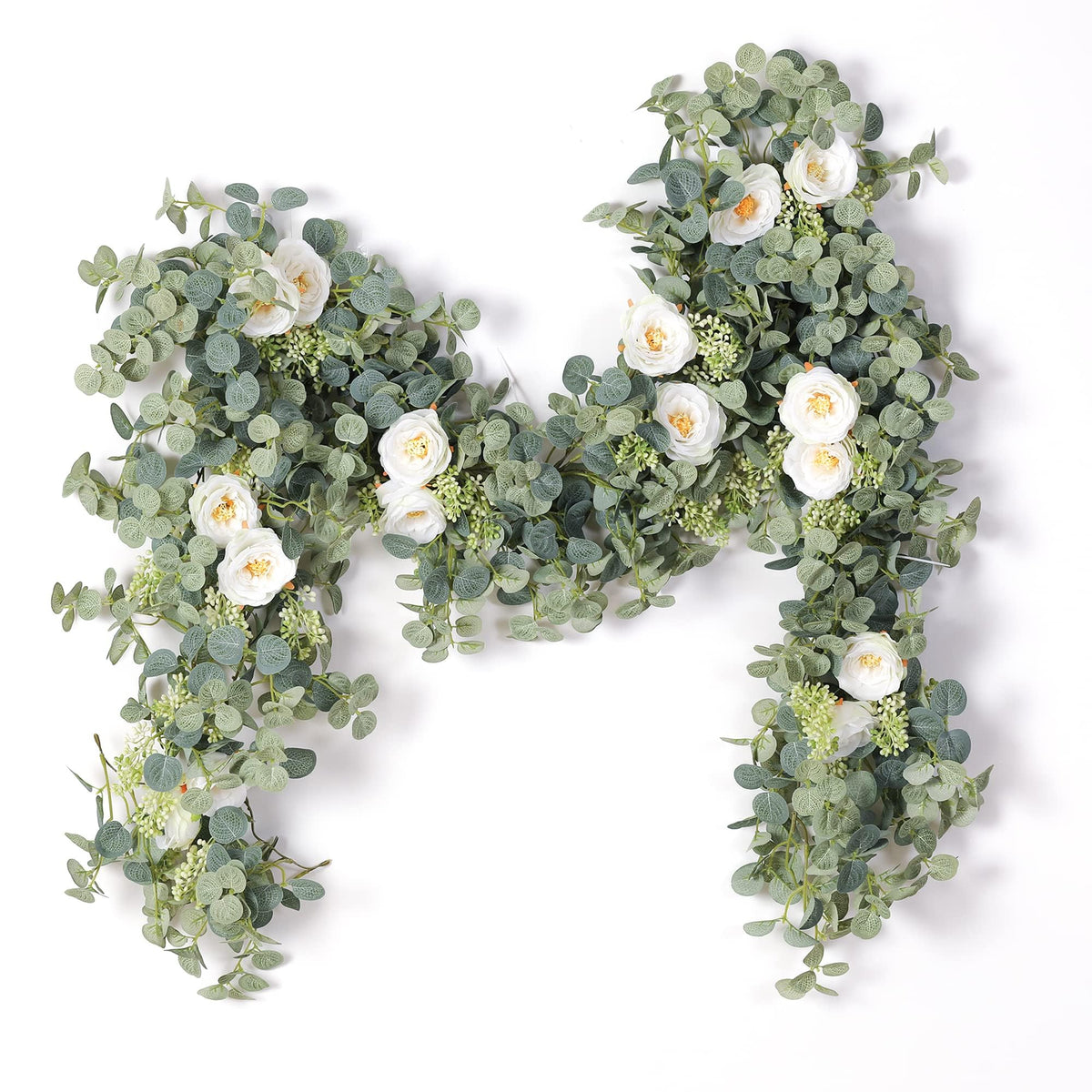 PARTY JOY eucalyptus garland two-pack shown in a wide backdrop setup