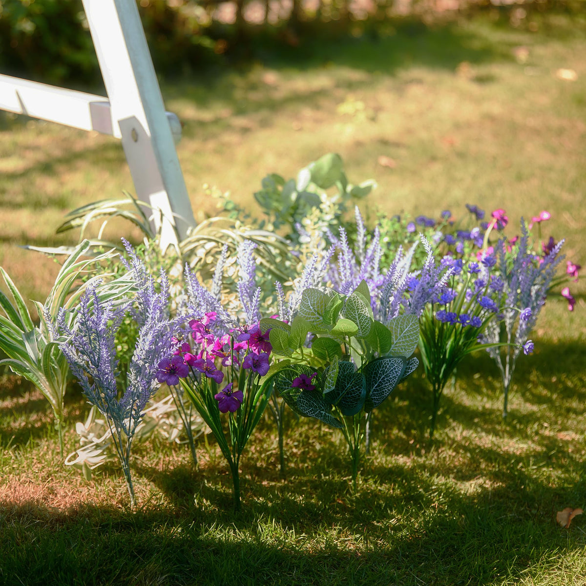 Party Joy faux bushes enhance backyard nooks with soft textures and color.