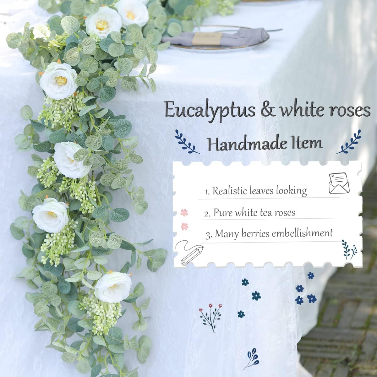 PARTY JOY white roses and eucalyptus garland close-up detail
