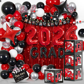 Party Spot 2026 balloons setup with red, black, and silver accents for a festive graduation scene.