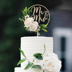 Party to Be Mr & Mrs wooden cake topper with 3D white roses for elegant weddings.