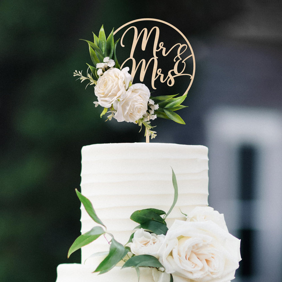 Party to Be Mr & Mrs wooden cake topper with 3D white roses for elegant weddings.