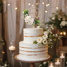 Party to Be satin and plastic flowers add premium topper detail.
