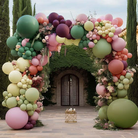 Partycus dusty pink green yellow balloon garland kit for pastel party decor.