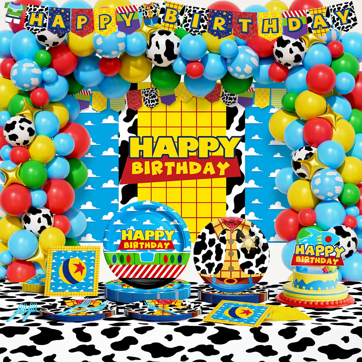 Party Inspo cartoon toy birthday backdrop with balloons for vibrant party photos