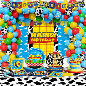 Party Inspo cartoon toy birthday backdrop with balloons for vibrant party photos