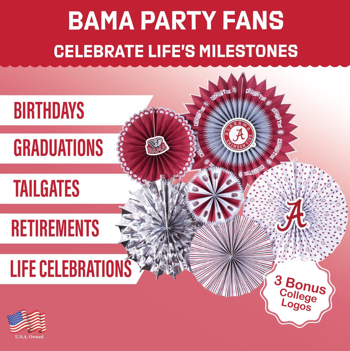 PartyKandy Alabama Crimson Tide 11-inch front view fan brightens dorm walls.