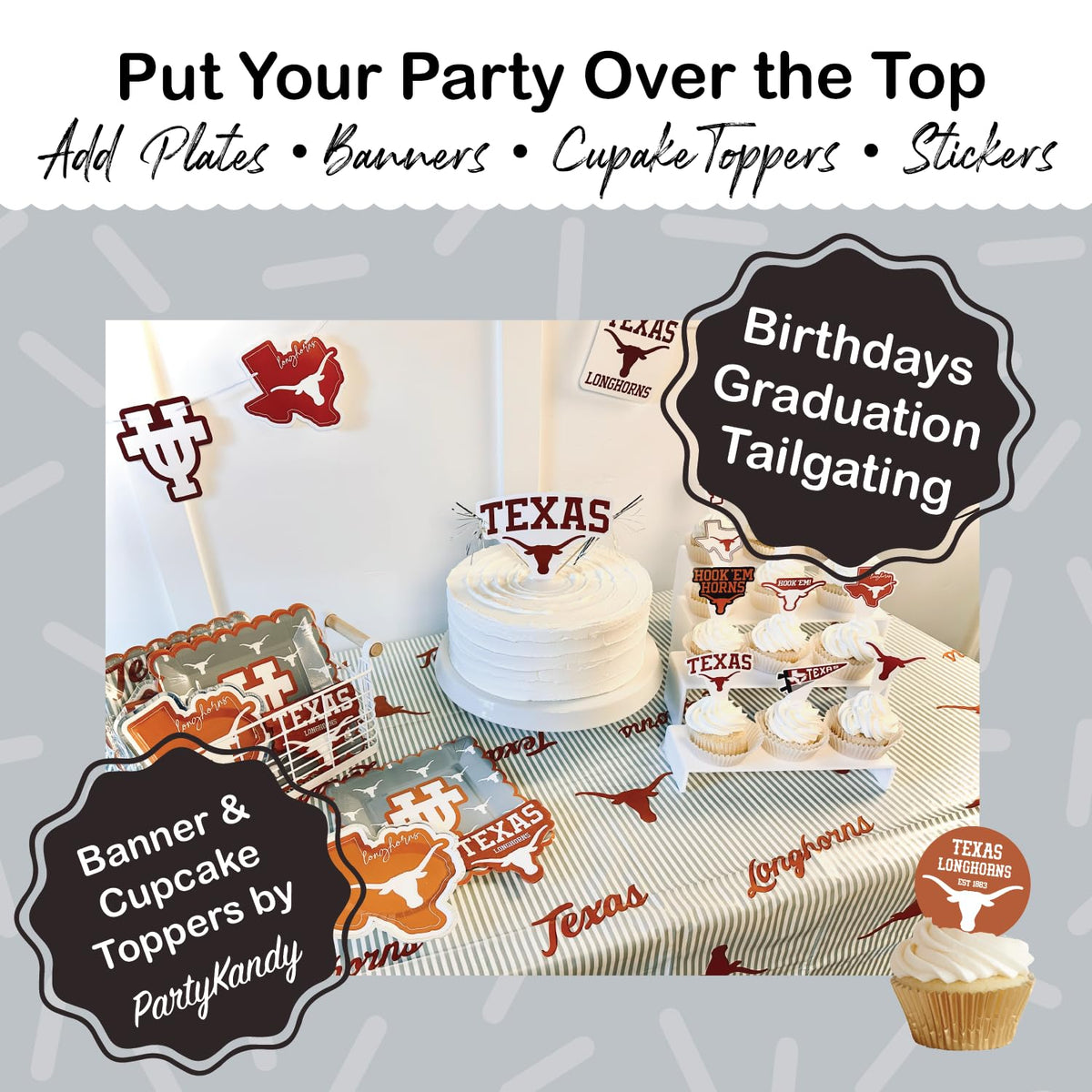 PartyKandy foil embellishments add shine to UT-themed decor.